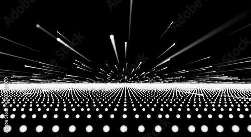 Abstract black and white digital landscape with glowing particles and light streaks representing high speed connectivity and data flow