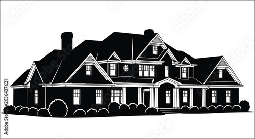 Schilderij op canvas Elegant black and white silhouette of a large suburban mansion