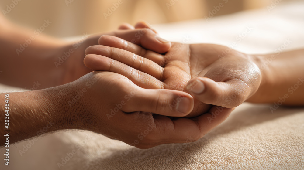 Fototapeta premium Therapeutic Hand Massage With Glowing Hydrated Skin Texture In Warm Beige Wellness Spa Featuring Relaxation Recovery And Luxury Self Care Mood