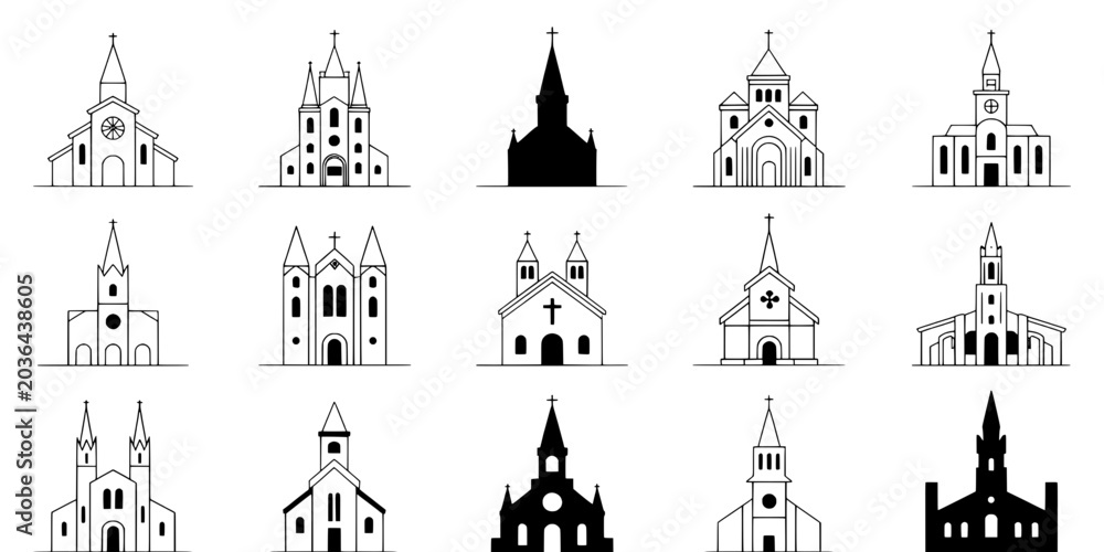 Fototapeta premium Churches Icon Set of Medieval Gothic and Modern Architecture with Line Art Outlines and Simple Vector Silhouettes