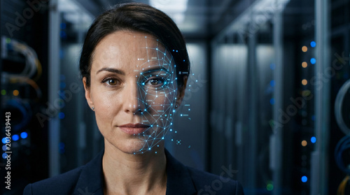 Businesswoman looking at camera with digital hologram interface in modern office