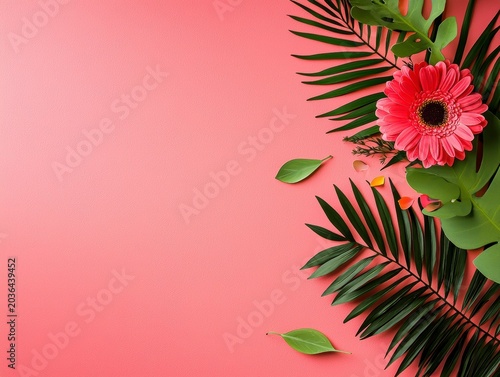 Vibrant Tropical Floral Background with Pink Gerbera and Palm Leaves