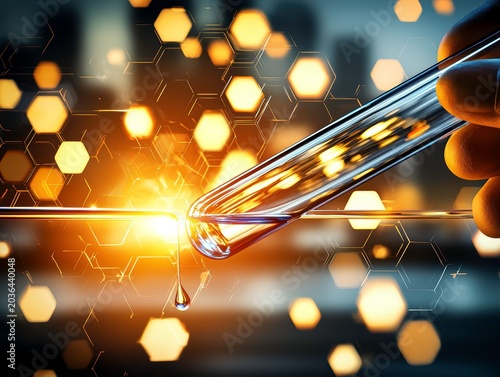 Scientific Research Innovation: Test Tube Drip with Glowing Hexagonal Background