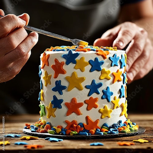 Baker Decorating Colorful Star Celebration Cake