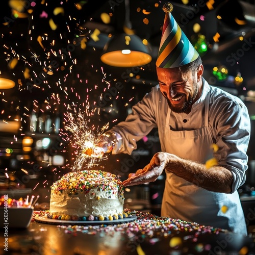 Happy Chef Celebrating Birthday with Festive Cake and Sparkler