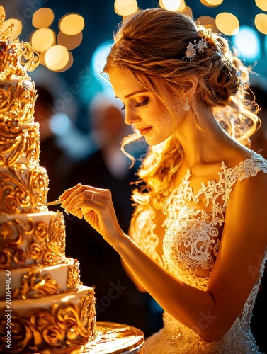 Elegant Bride Adorning Golden Luxury Wedding Cake