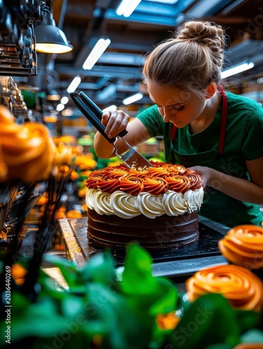 Professional Baker Decorating Gourmet Chocolate Cake with Swirled Frosting