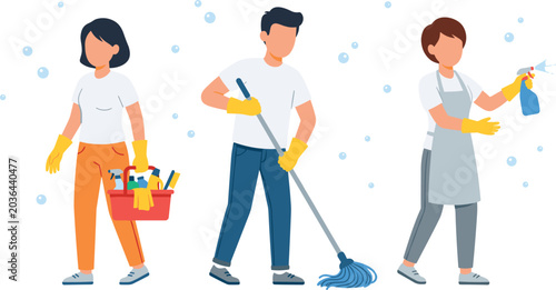 Flat style people cleaning house together with mop, spray and supplies illustrating teamwork, hygiene and professional household service vector