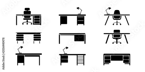 Desk Icon Set with Office Furniture Silhouettes and Minimalist Flat Vector Elements for Workspace and Interior Design