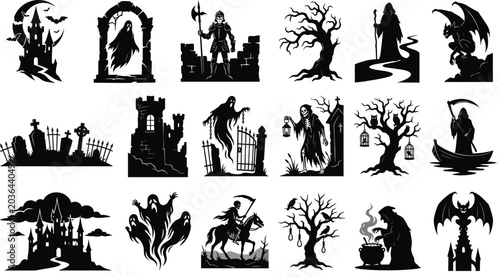 Konstfotografi Halloween Horror Silhouette Collection Featuring Haunted Castle Ghost Grim Reape