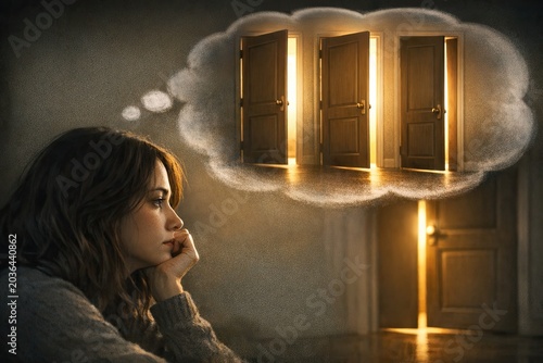 A woman sits in front of an open door, possibly entering or exiting