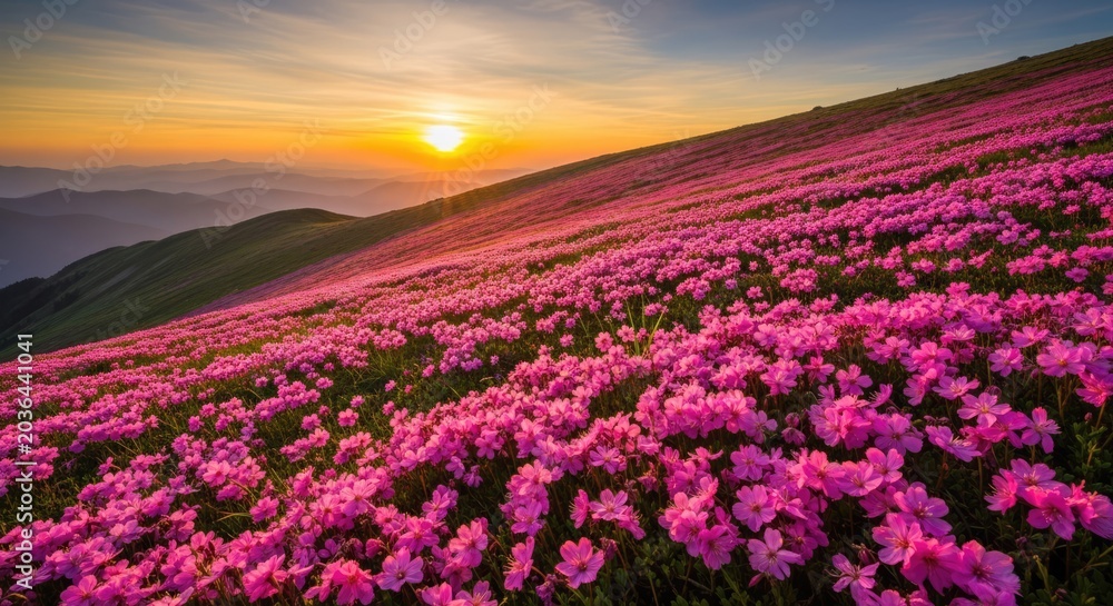 Obraz premium Vibrant pink wildflowers covering mountain hillside at sunset