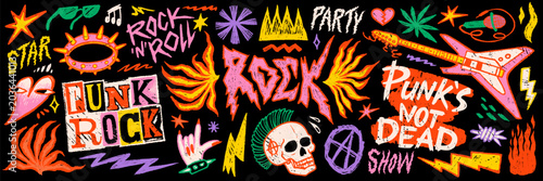 Punk rock music sticker set with guitar, skull, fire and handwritten doodle typography in colorful funky style on black background. Rock punk graphics for posters and merch