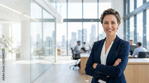Portrait of smiling businesswoman in modern office with digital interface technology