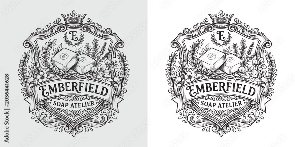 Naklejka premium Elegant Crest Logo Design for Emberfield Soap Atelier with Crown