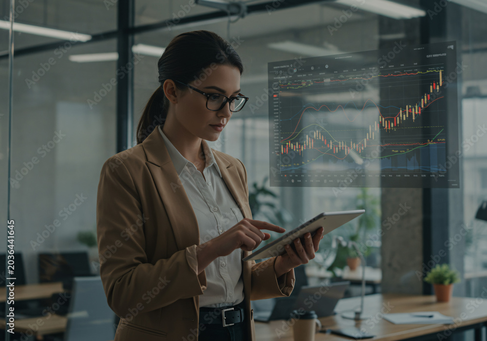 Fototapeta premium Businesswoman Analyzing Stocks on Tablet