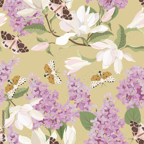 A beautiful, seamless vector illustration of magnolia, a branch of lilac and moths. This design would be perfect for decorating textiles, packaging, or other paper products.