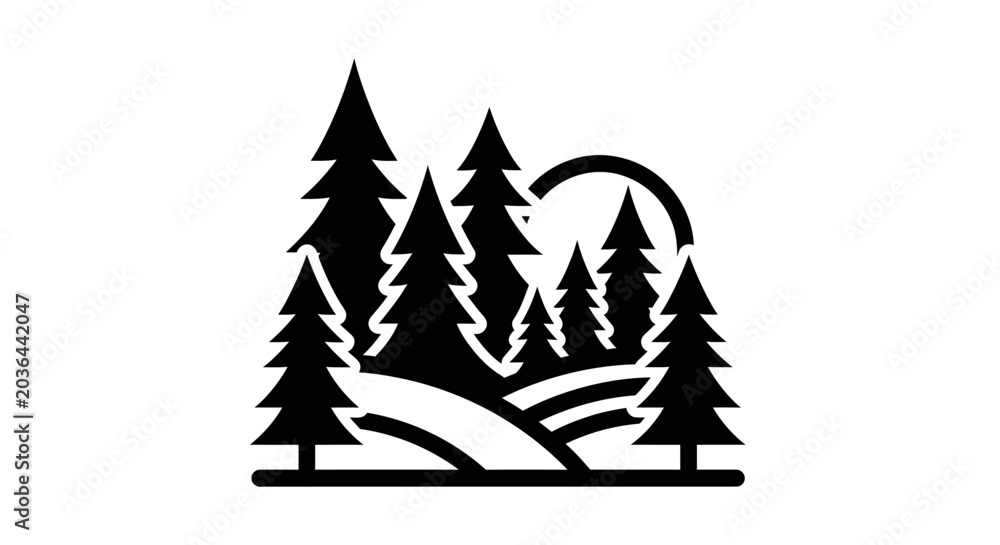 Obraz premium Black silhouette of pine forest landscape.