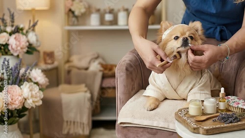 Groomer applying face mask to pomeranian dog in spa salon. Woman performing pet skincare procedure. Cute dog wearing robe during cosmetic treatment in beauty studio.