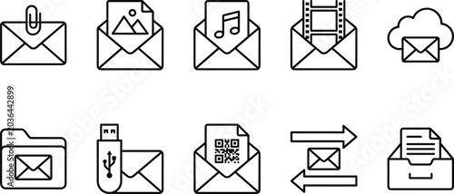 Schilderij op canvas Email Attachments and Message Multimedia Line Icon Set Featuring Images Audio Vi
