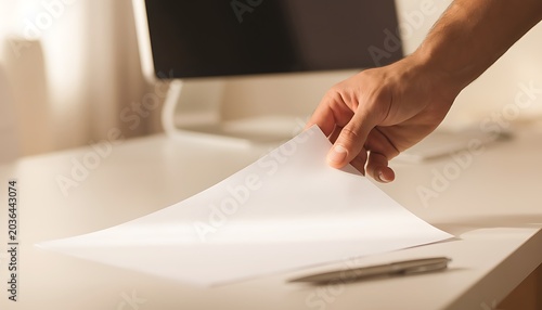 A hand is picking up a sheet of paper from a white desk with a computer monitor in the background office workspace.