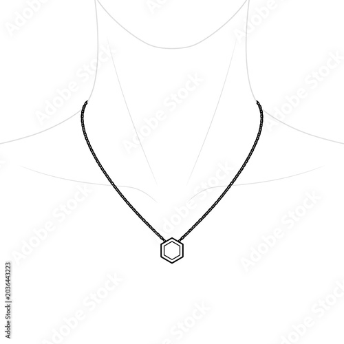 Technical line art of minimalist open hexagon pendant.
