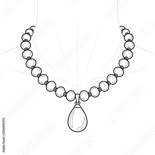 Technical line art of pearl strand with teardrop pearl pendant.