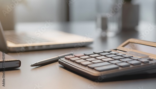 A calculator and pen sit on a desk next to a laptop in an office.