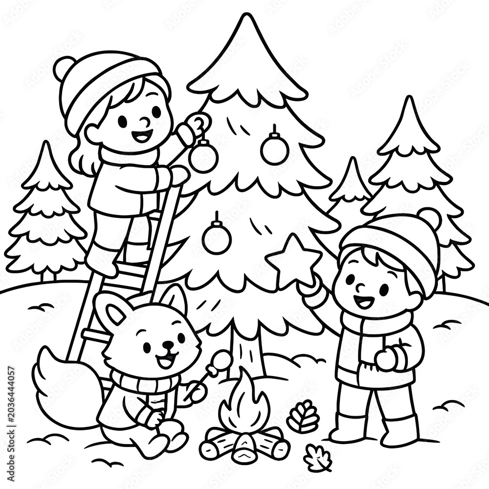 Fototapeta premium Cartoon Animals and Children Decorating Christmas Tree