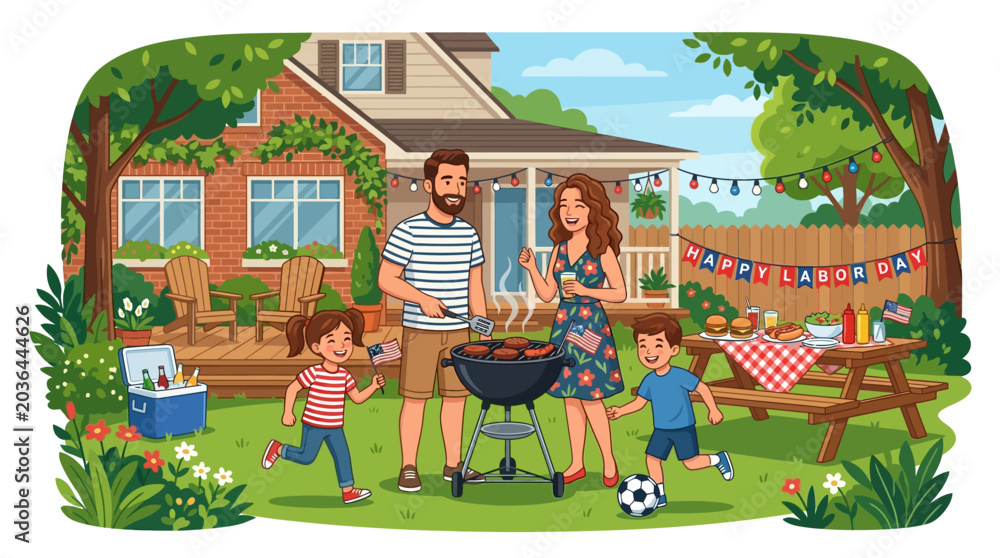 Fototapeta premium Labor Day Backyard BBQ Family Celebration at Sunset in American Home Vector Illustration