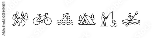 Slika na platnu Professional vector line icon set featuring outdoor recreation activities: hiking, cycling, swimming, camping, fishing, and kayaking