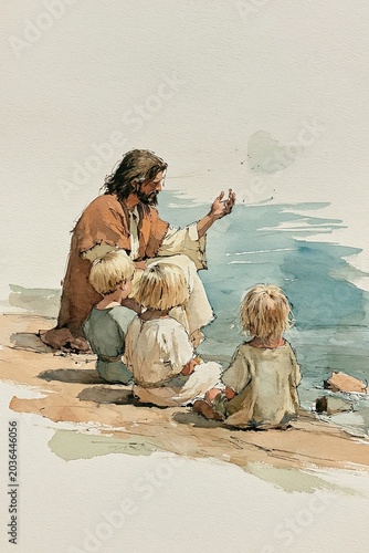 Jesus Teaching Children by the Sea Watercolor Illustration