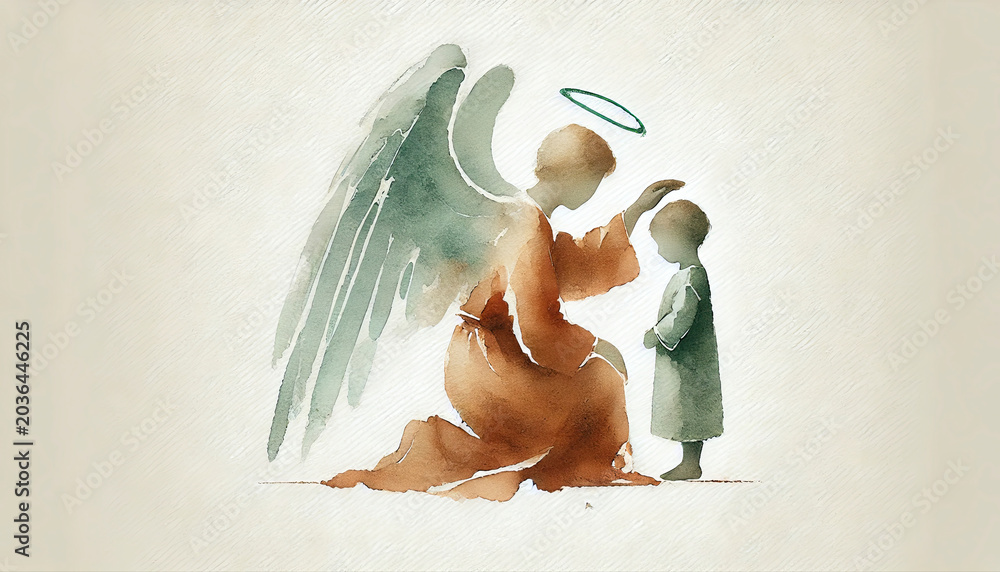 Obraz premium Guardian Angel Protecting Child Minimalist Watercolor Illustration