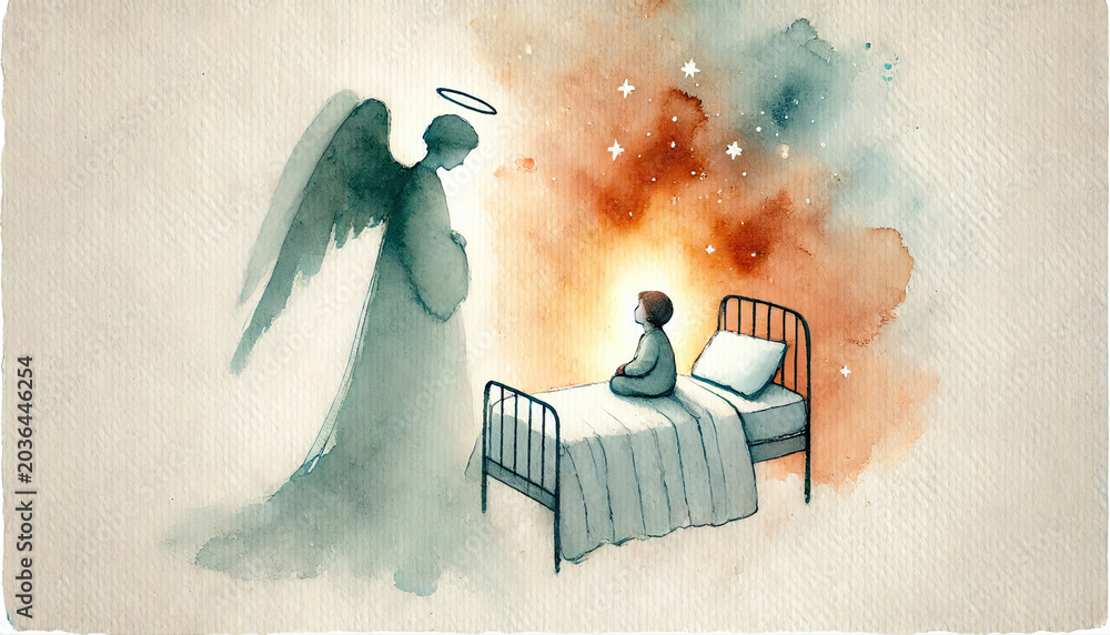 Obraz premium Guardian Angel Protecting Child Minimalist Watercolor Illustration
