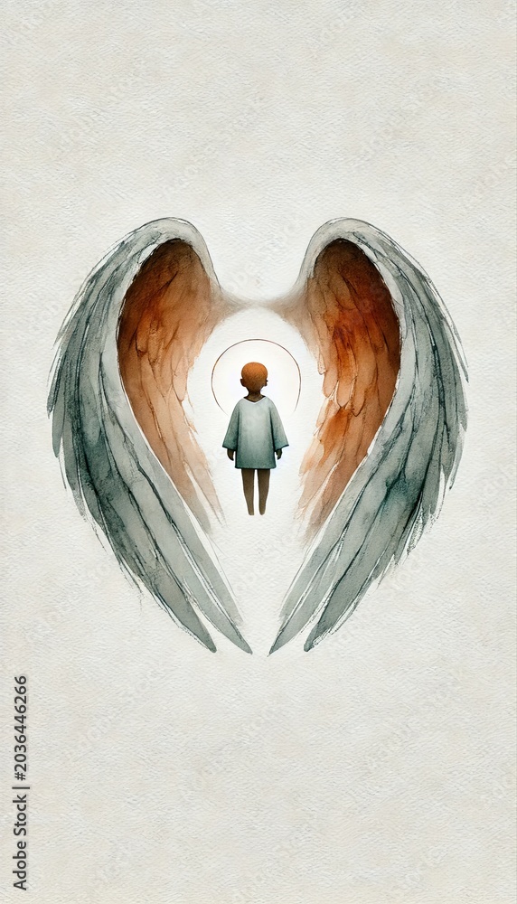 Obraz premium Guardian Angel Protecting Child Minimalist Watercolor Illustration