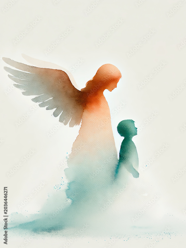 Obraz premium Guardian Angel Protecting Child Minimalist Watercolor Illustration
