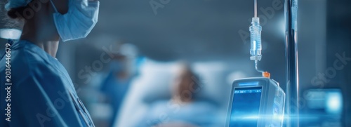 Nurse prepares treatment in oncology ward as patient receives care in background