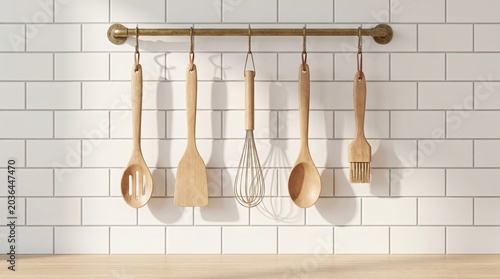 Stylish rustic kitchen setup with wooden tools on brass rod and neutral color palette