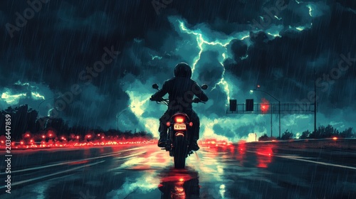 Dark, stormy night, biker on highway