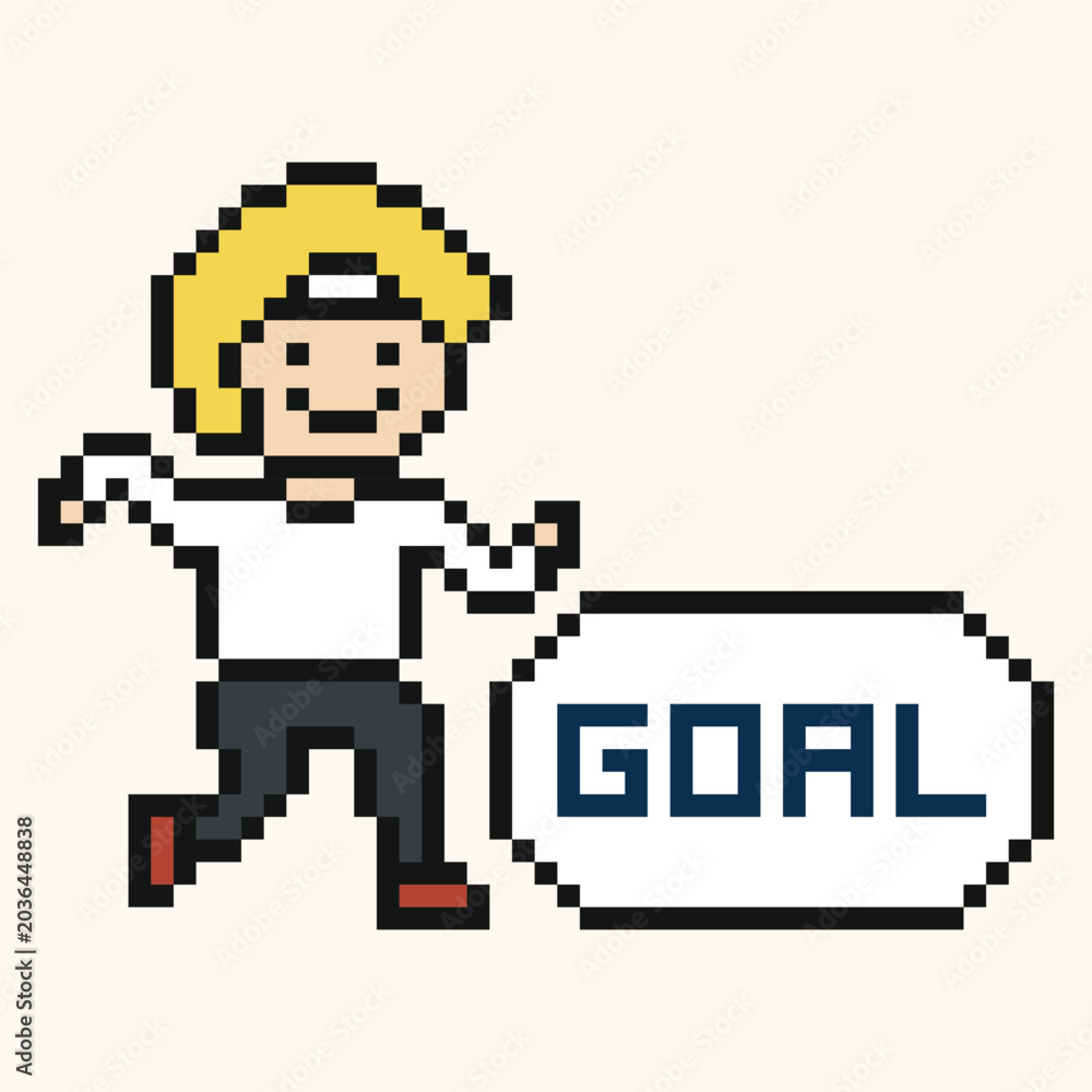 Obraz premium Cute cartoon man boy run marathon with 8 bit goal progress exercise pixel art.