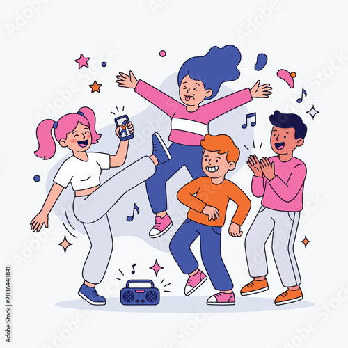 Energetic group of diverse teenagers dancing to music.