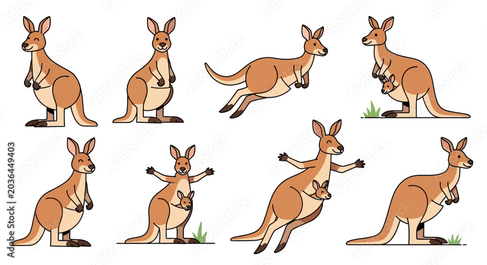 Obraz premium Collection of cute cartoon kangaroos in various poses with joeys