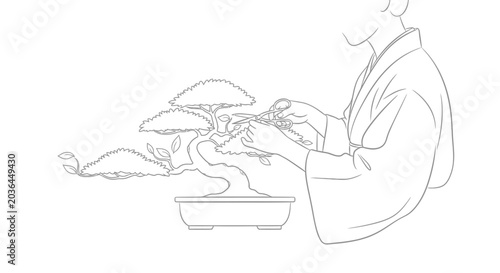 Foto Person in kimono pruning a bonsai tree with scissors.