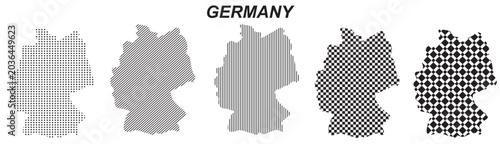 Germany map silhouette vector, isolated country outline graphic set, 5 black design templates with dots stripes and checkered patterns, geometric abstract digital layout element