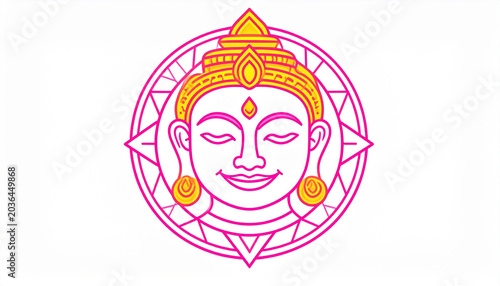 Symmetrical Buddha face vibrant neon pink and yellow smiling expression temple stone face geometric mandala background spiritual peaceful decorative art