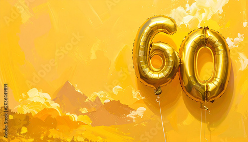 Golden balloon number celebration anniversary party vibrant yellow festive copy space cheerful. Golden number balloon for 60th celebration with vibrant yellow background and spacious copy space
