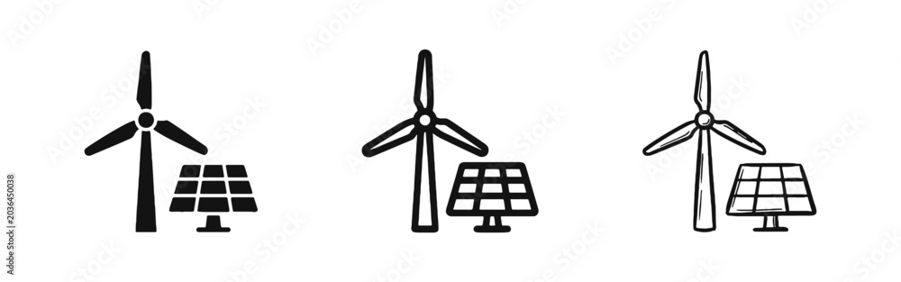 Obraz premium Renewable Energy Wind Turbine and Solar Panel Icon Set
