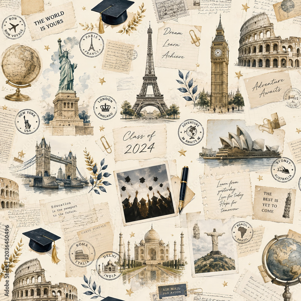 Obraz premium Graduation Around the World Travel Scrapbook Collage with Global Landmarks