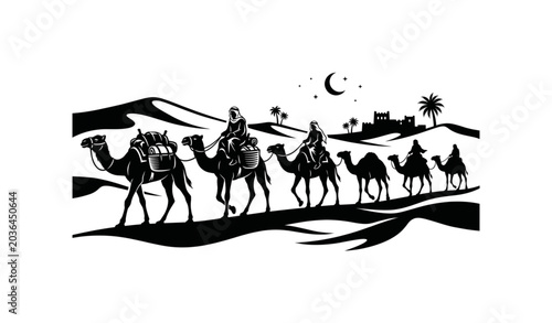 Caravan camel silhouette vector illustration with desert travel and nomadic landscape scene