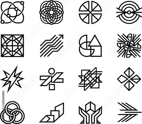 Minimalist geometric logo icons set, 16 abstract line art symbols, modern black vector branding elements for corporate identity and tech startups
